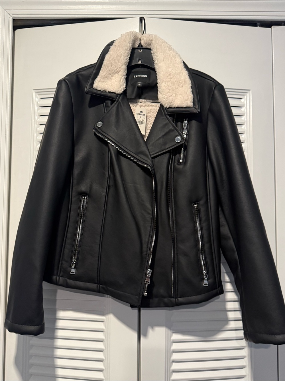 Express Black Faux-Leather Moto Jacket with Cream Sherpa Collar